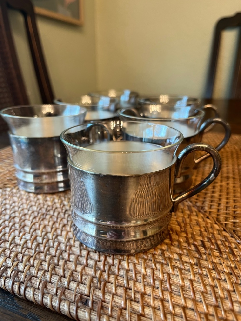 Vintage Cosi Tabellini Irlanda Pewter and Crystal Glass Tea Coffee Cups Set of 6